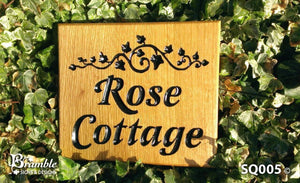 Square House Plaque engraved with rose cottage and leaf scroll FONT: LATIENNE ITALIC