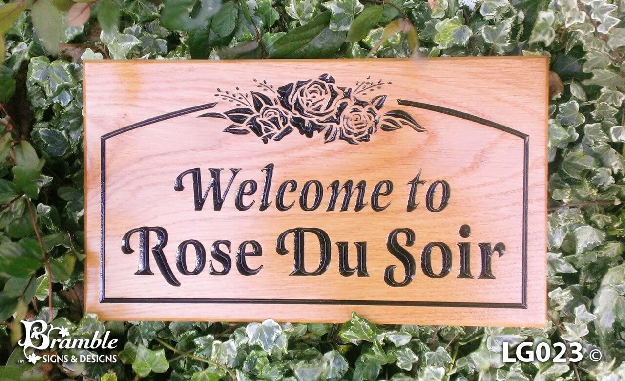 House Sign - Large - 380 x 220mm - Bramble Signs Engraved Wall Mounted & Freestanding Oak House Signs, Plaques, Nameplates and Wooden Gifts FONT: LATIENNE ITALIC