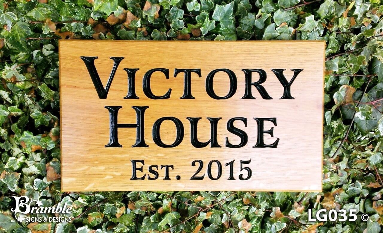 House Sign - Large - 380 x 220mm - Bramble Signs Engraved Wall Mounted & Freestanding Oak House Signs, Plaques, Nameplates and Wooden Gifts FONT: LATIENNE