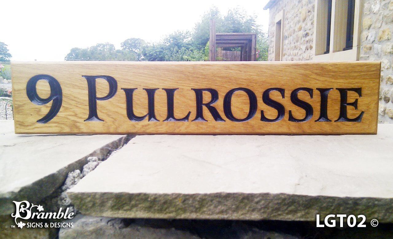 House Sign - Longer Thin - 500 x 110mm - Bramble Signs Engraved Wall Mounted & Freestanding Oak House Signs, Plaques, Nameplates and Wooden Gifts FONT: LATIENNE