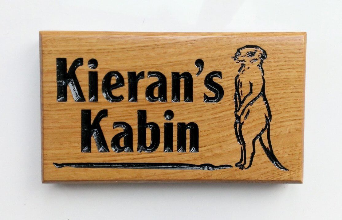 Extra Small House Name Plate engraved with kierans kabin and meerkat image FONT: CLEARFACE CABIN