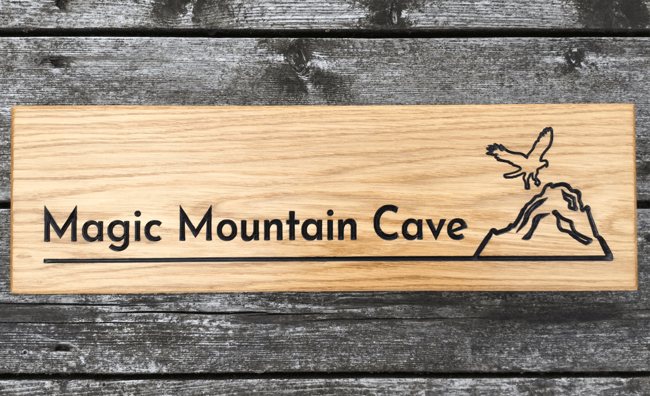 Magic Mountain Cave Eagle and Mountain Engravings on 500 x 110mm Solid Oak House Sign