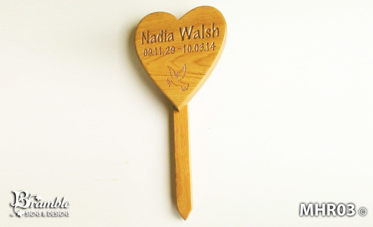 Memorial & Commemorative Plaques - Heart with Stake - 210 x 185mm - Bramble Signs Engraved Wall Mounted & Freestanding Oak House Signs, Plaques, Nameplates and Wooden Gifts
