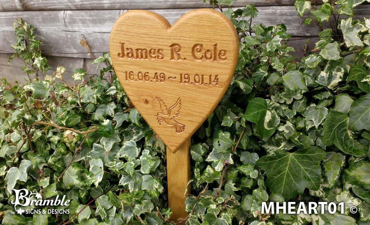 Memorial & Commemorative Plaques - Heart with Stake - 210 x 185mm - Bramble Signs Engraved Wall Mounted & Freestanding Oak House Signs, Plaques, Nameplates and Wooden Gifts