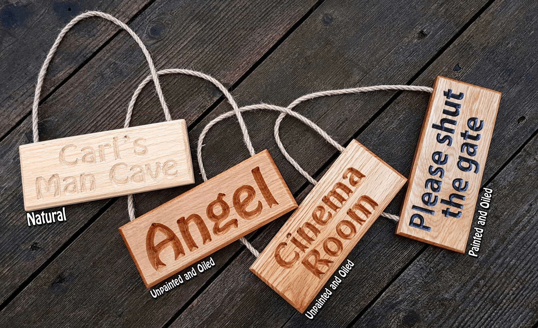 Hanging Dinky Signs in all 3 Finishes. Natural Finish, Oiled Finish, Oiled and Painted Finish FONT: HOBO