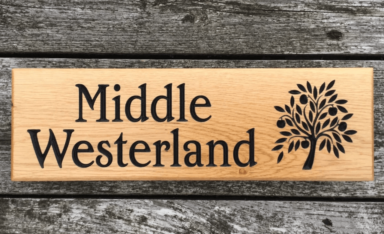 380 x 110 Solid oak house sign featuring an oak tree