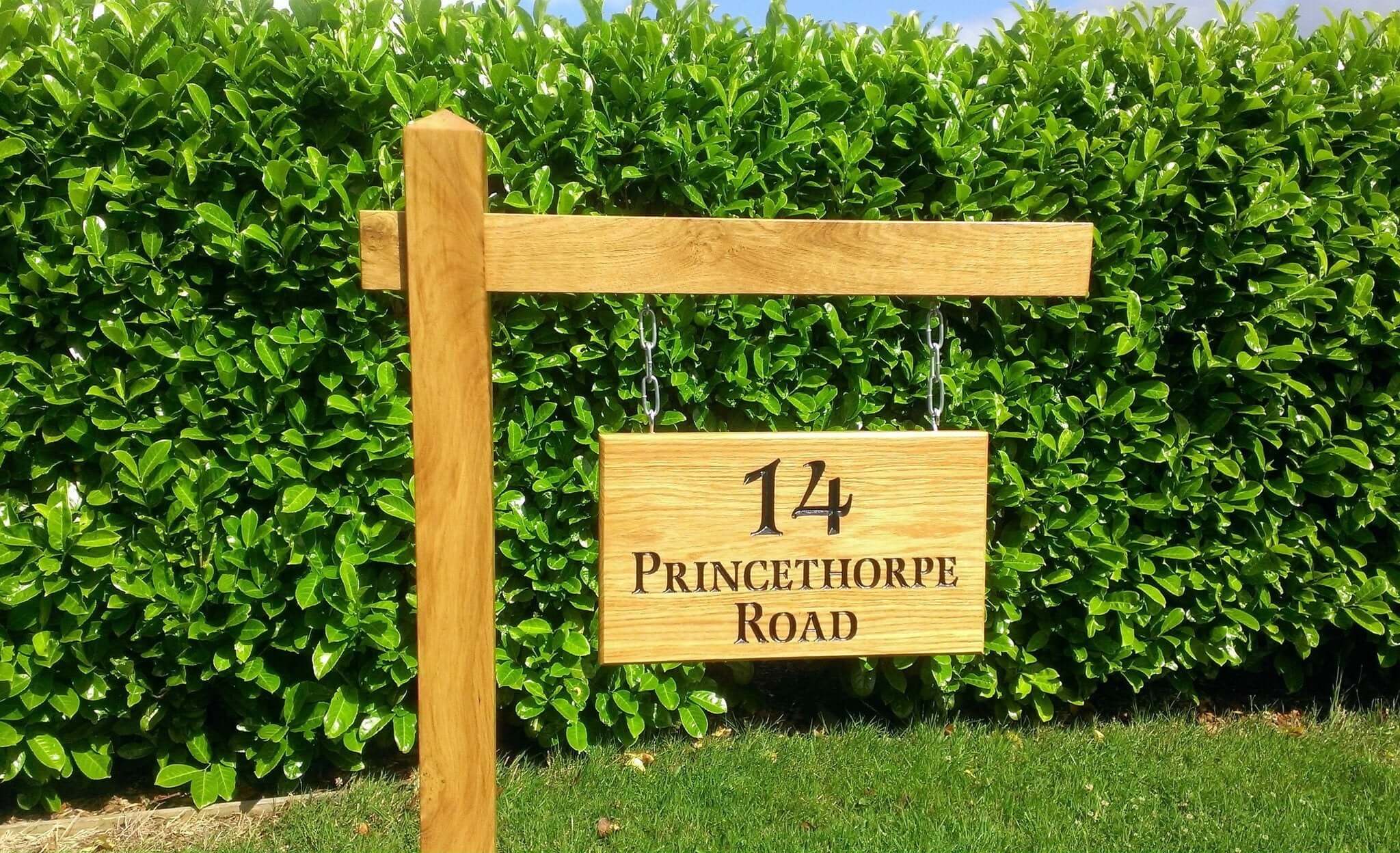 Gallows Bracket and Large Double Sided Sign - Bramble Signs Engraved Wall Mounted & Freestanding Oak House Signs, Plaques, Nameplates and Wooden Gifts