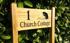 Medium Ladder Sign engraved with 1 church cottge and a cat