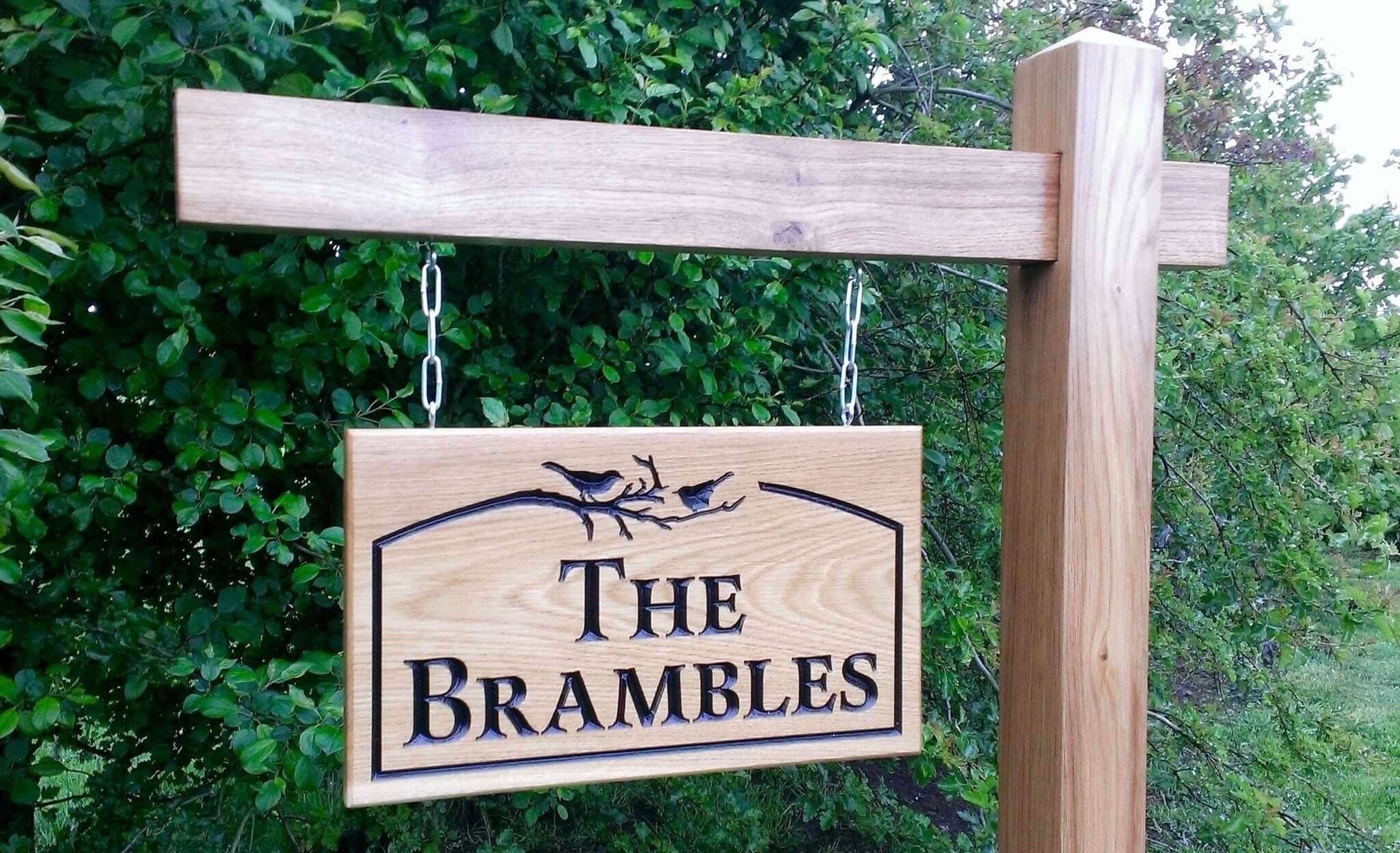 Gallows Bracket and Large Double Sided Sign - Bramble Signs Engraved Wall Mounted & Freestanding Oak House Signs, Plaques, Nameplates and Wooden Gifts