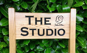 Medium Ladder Sign with the studio and an owl engraved on it