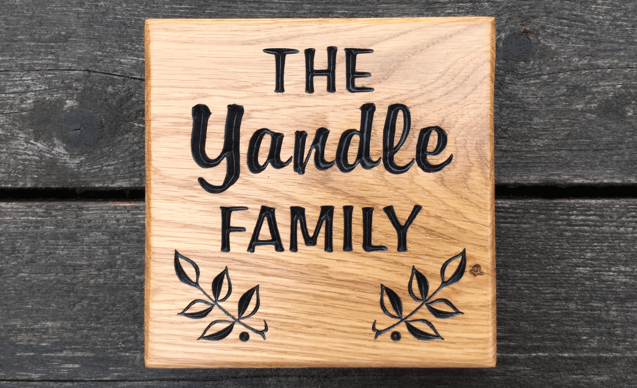 Yandle Family 150x150mm small square house sign made from solid oak FONT: ARABBRU & BROPHY SCRIPT