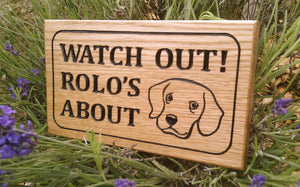 Extra Small House Sign saying watch out rolos about with dog face FONT: CAMBRIA