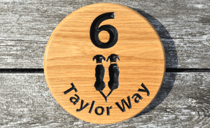 6 Taylor Way Dog 200x200mm circular Solid Oak Sign