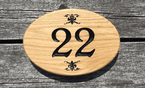 Number 22 Oval Solid Oak Number sign made from solid oak, mural designs on top and bottom