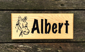 Horse Stable Sign With Horse Head Engraved onto Solid Oak Painted Black Text