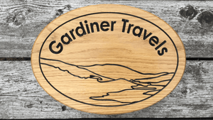 Gardiner Travels solid oak wooden house sign with landscape design
