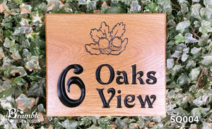 Square House Sign 6 oaks view with oak leaf image FONT: VICTORIAN