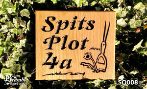 Square House Sign saying spits plot 4a with a garden hoe picture FONT: LATIENNE ITALIC