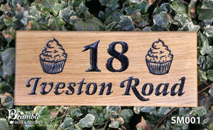 Small House Sign engraved with 18 iveston road and cupcake images FONT: LATIENNE ITALIC