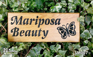 Small House Sign engraved with mariposa beauty and butterfly picture FONT: VICTORIAN