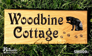 Small House Sign saying woodbine cottage with a cat image FONT: VICTORIAN