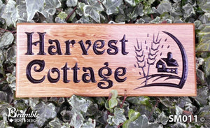 Small House Sign saying harvest cottage with a corn picture FONT: VICTORIAN