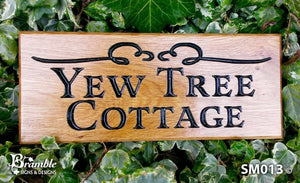 Small House Name Plate saying yew tree cottage with scroll image FONT: LATIENNE