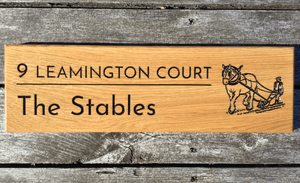 9 Leamington Court Number House Sign with Work Horse pulling Farm Machinery Engraved into Solid Oak