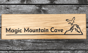 Magic Mountain Cave Eagle and Mountain Engravings on 500 x 110mm Solid Oak House Sign