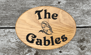 The Gables Oval Solid Oak House Signs With Robin Engraving