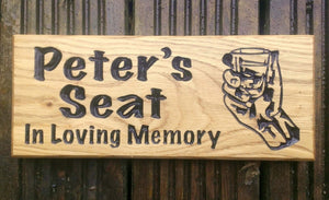 Small House Sign saying peters seat in loving memory with a hand picture FONT: MARKER FELT