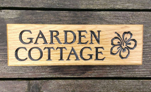 Small Thin House Plaque engraved with garden cottage and Flower image FONT: EDWARDIAN