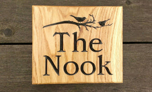 Square House Name Plate saying the nook and a picture of birds on a branch: EDWARDIAN