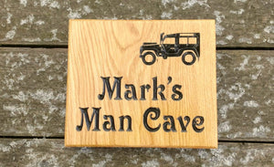 Square House Sign saying marks man cave with a landrover picture FONT: VICTORIAN