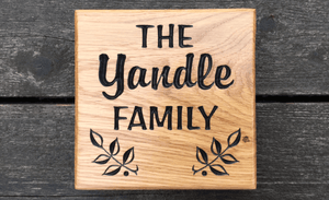 Yandle Family 150x150mm small square house sign made from solid oak FONT: ARABBRU & BROPHY SCRIPT